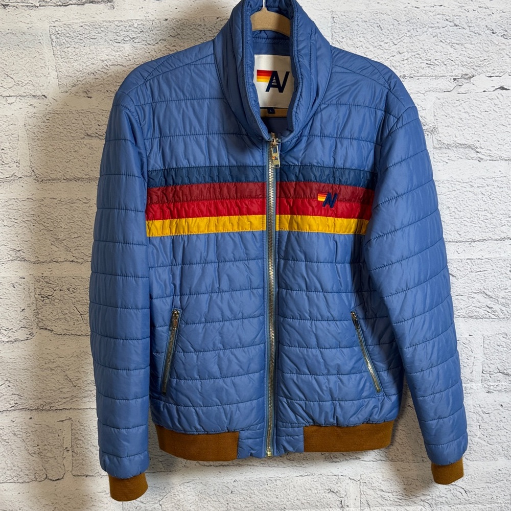 Aviator Nation Blue Puffer with Red and Yellow Stripes